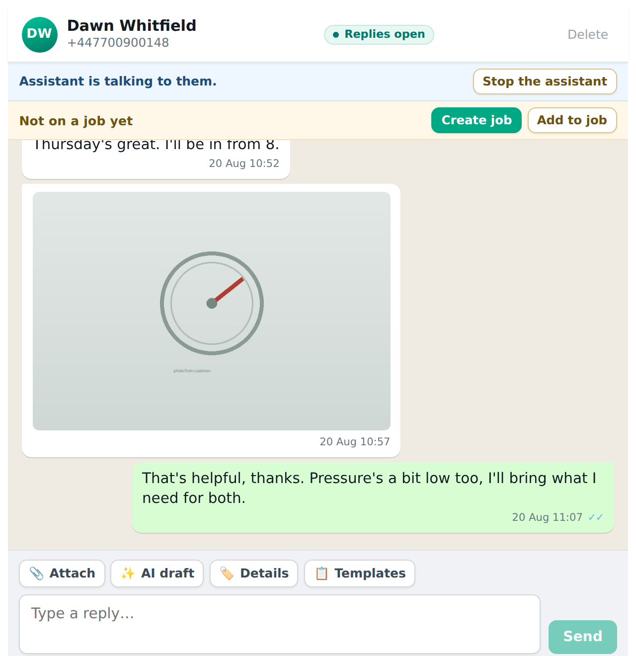 A conversation the Chat Assistant is handling, with the bar at the top saying so and a Stop the assistant button.