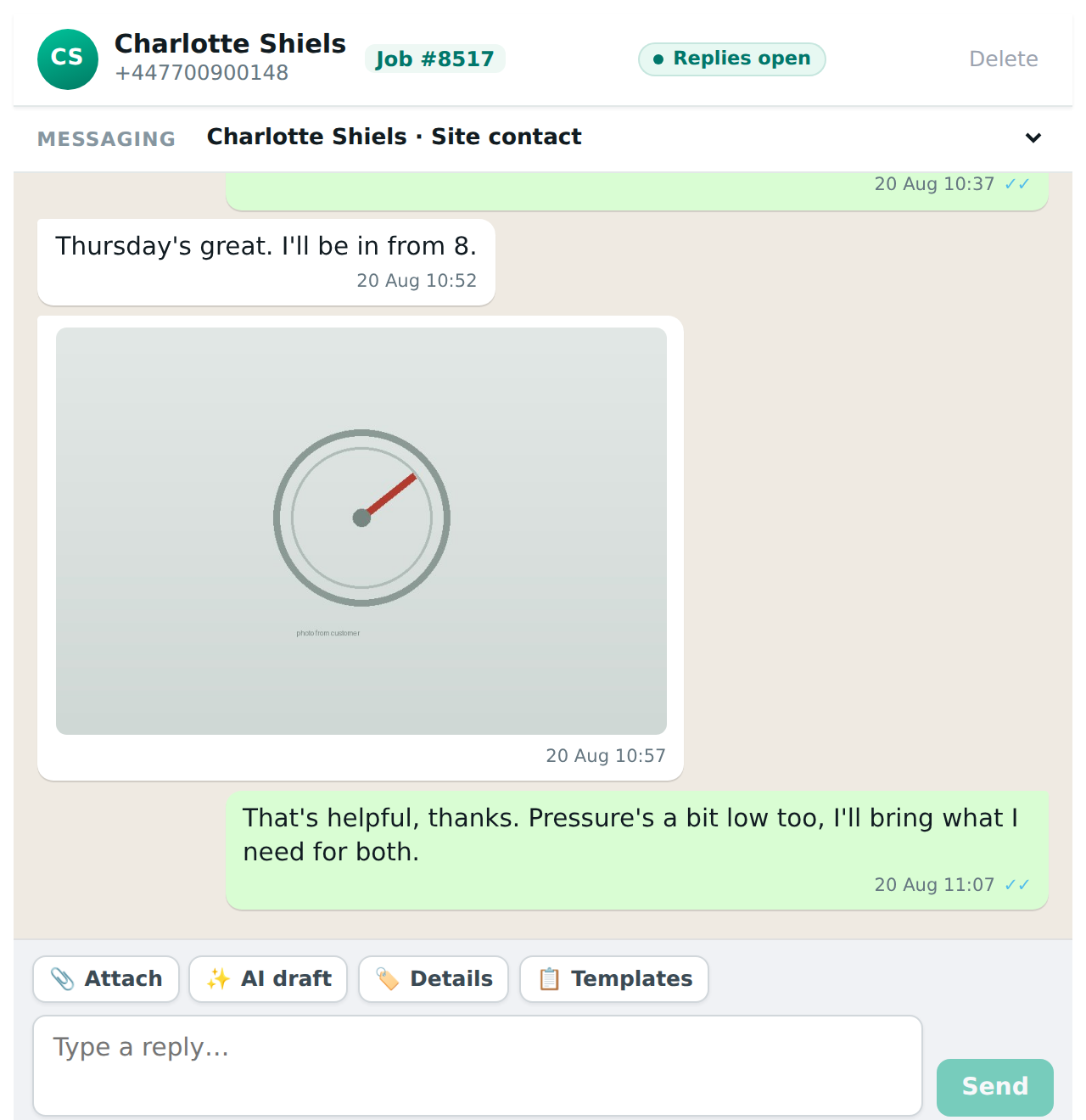 A job with three contacts. The selector at the top says who is being messaged and lists the others.