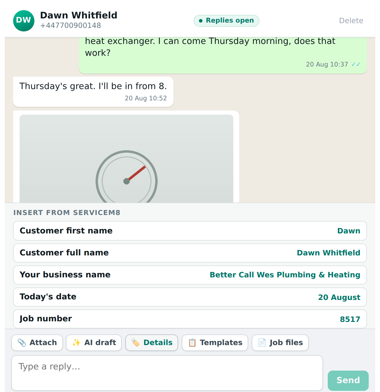 The Details panel. Tap a row and the value goes into your message where the cursor is.