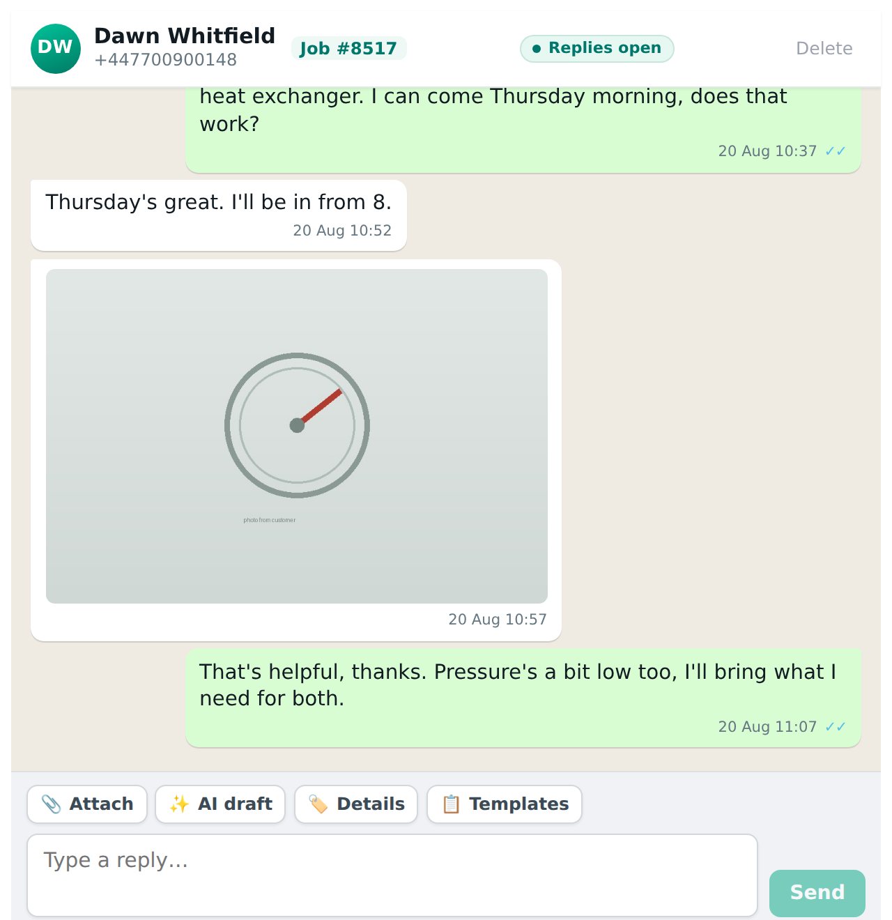 A conversation opened from the list rather than from the job. The job number at the top is a link to it.