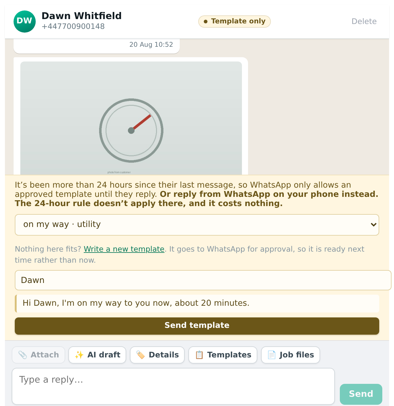 A conversation after the window has closed. The chip says Template only, and the message box offers your approved templates instead of free text.
