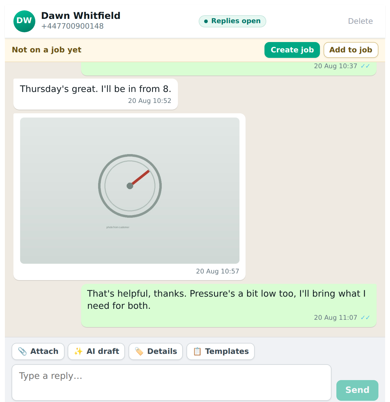 A new enquiry that is not on a job yet, with Create job and Add to job buttons above the conversation.