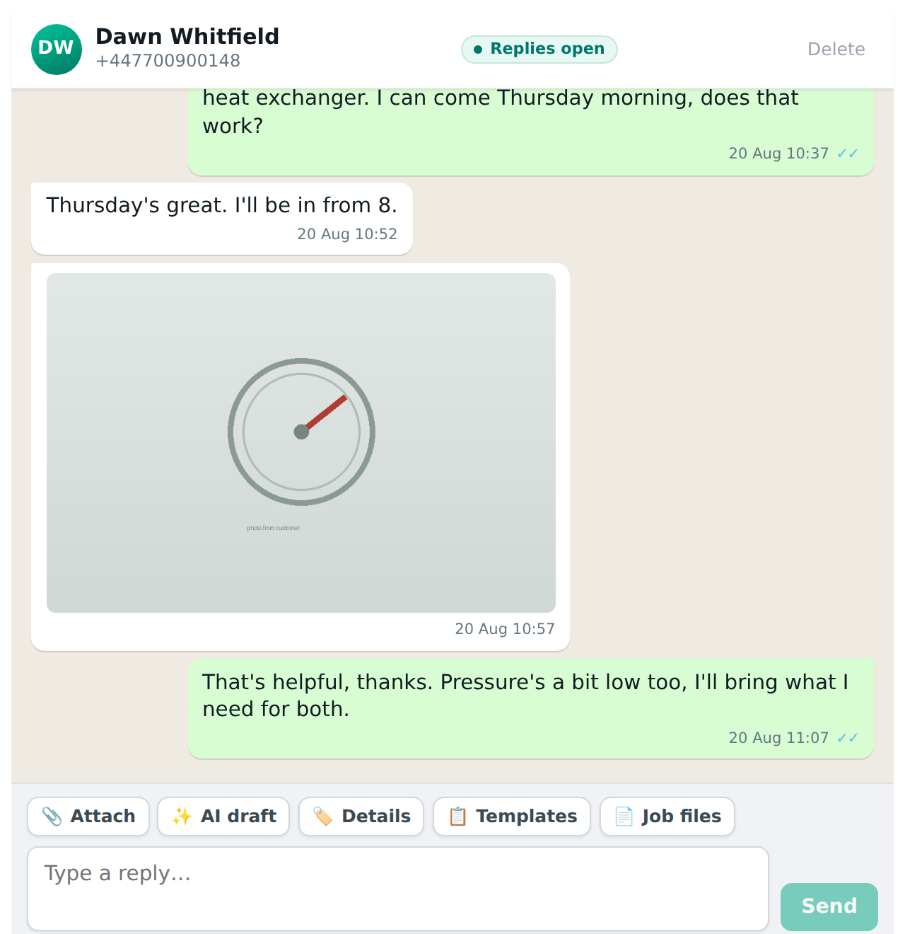 A conversation open on a job: the customer’s messages and photo on the left, the business’s replies on the right, and the reply box with Templates, Details and Job files underneath.