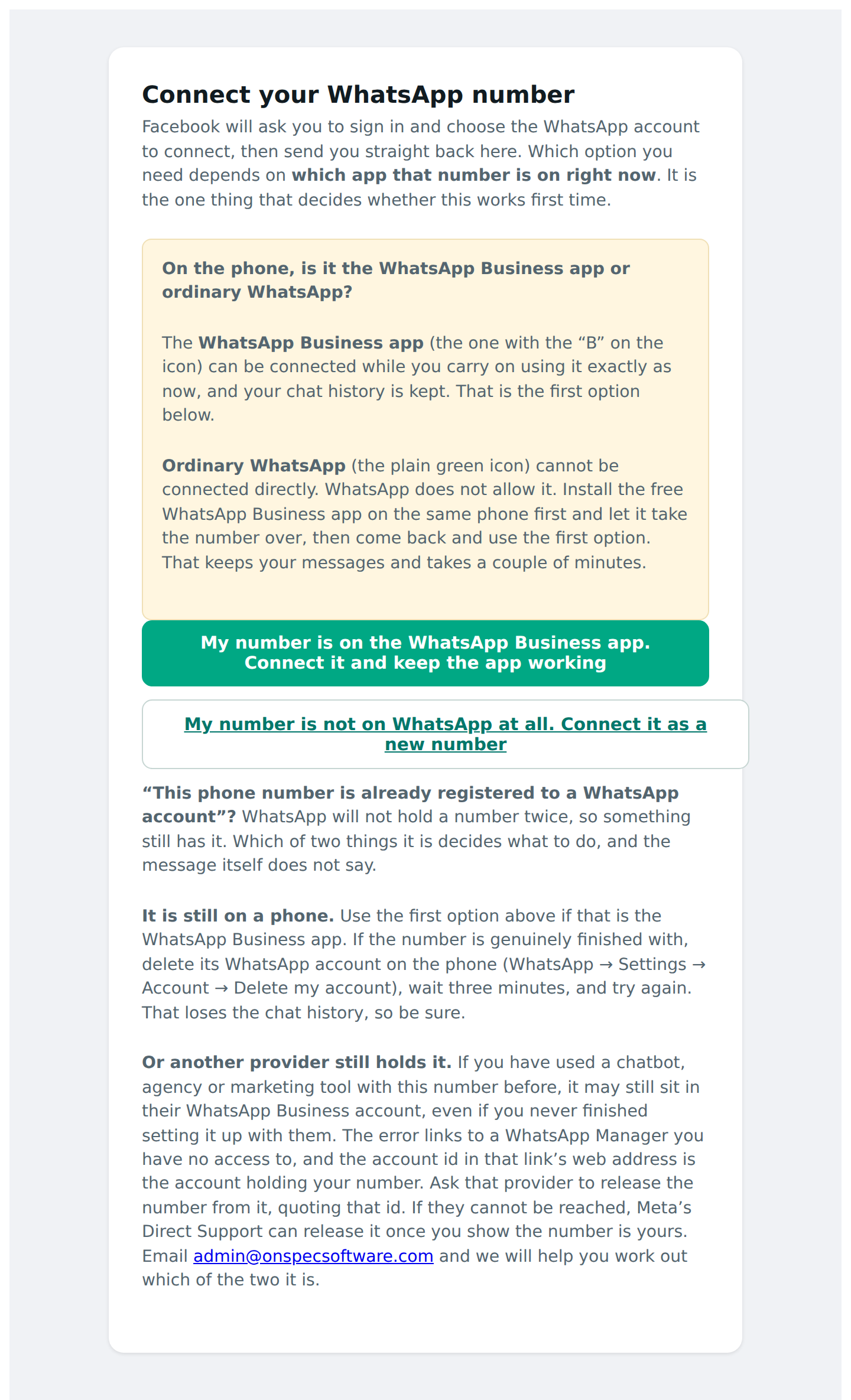 The connection screen, asking whether the number is on the WhatsApp Business app before sending you to WhatsApp’s own signup.