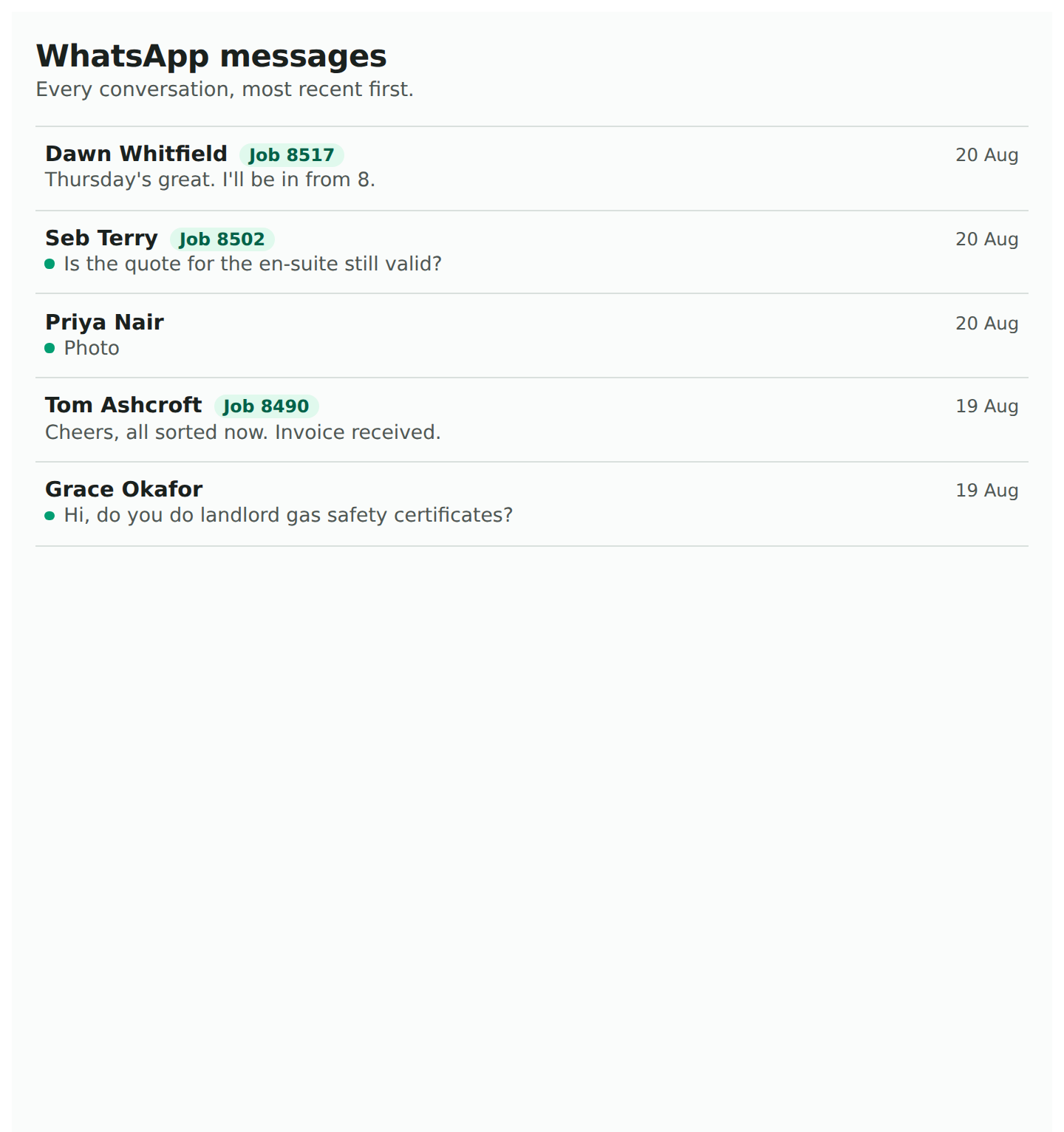 The WhatsApp Messages list inside ServiceM8: every conversation, newest first, with a dot on the ones still waiting for a reply and the job number on the ones filed to a job.