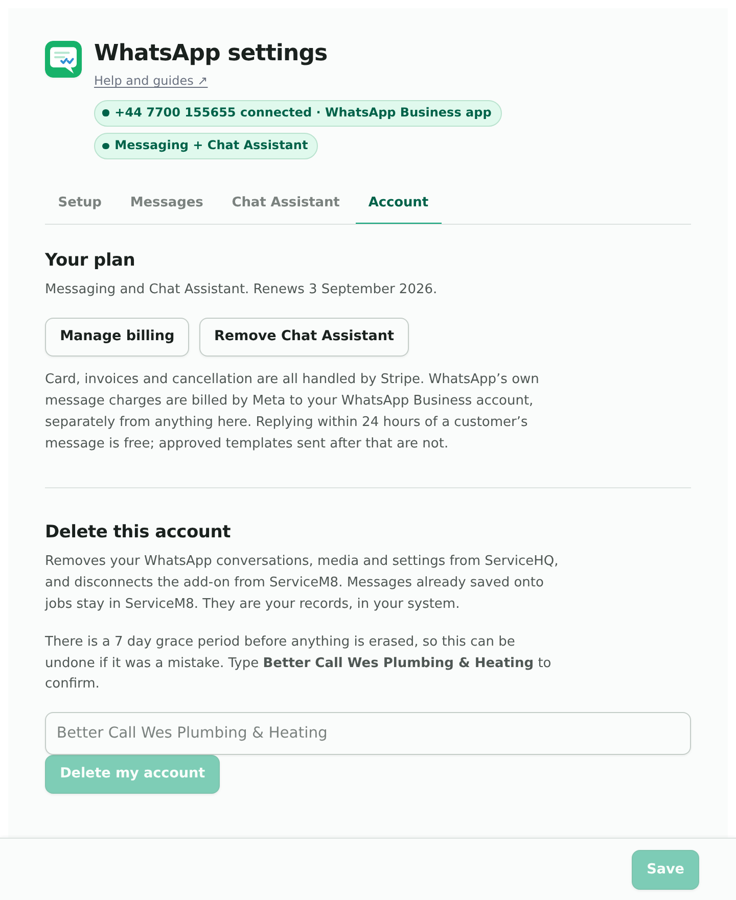 The Account tab. Your plan and its state, the buttons to change it, and the delete option at the bottom.