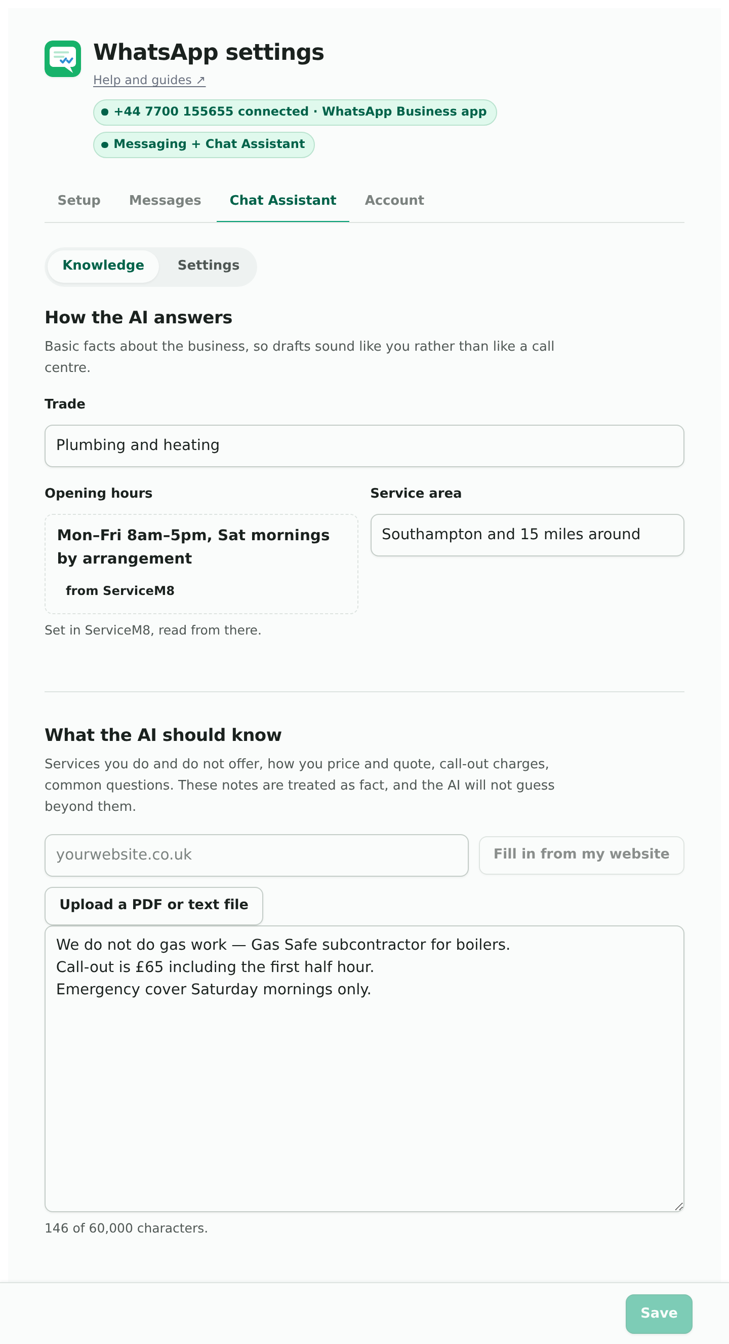 The Knowledge tab. The facts about the business at the top, the notes box below, and the ways to fill it without typing.
