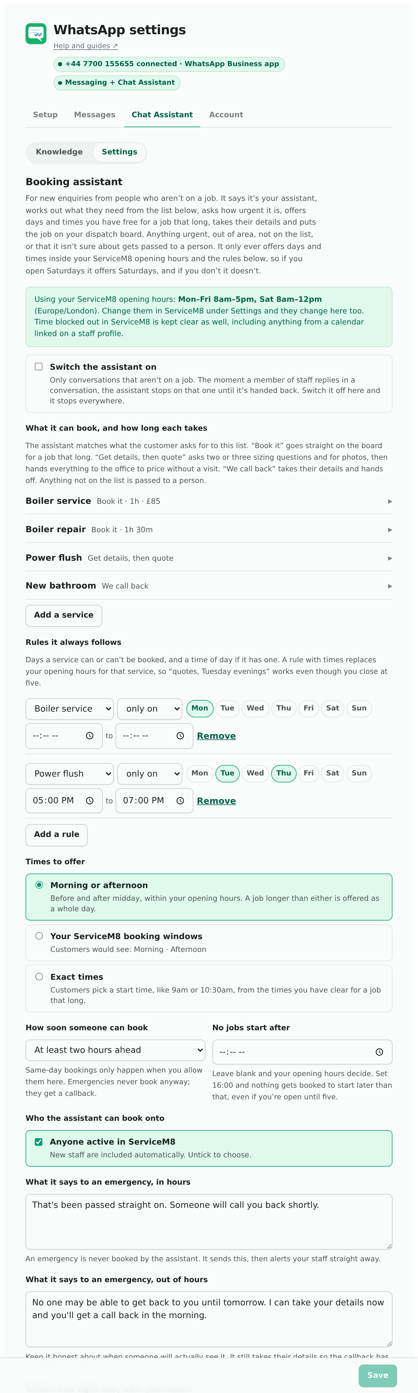 The Chat Assistant’s settings: what it reads from ServiceM8, the services it can book with their lengths and prices, the rules, and a preview of what a customer would be offered right now.