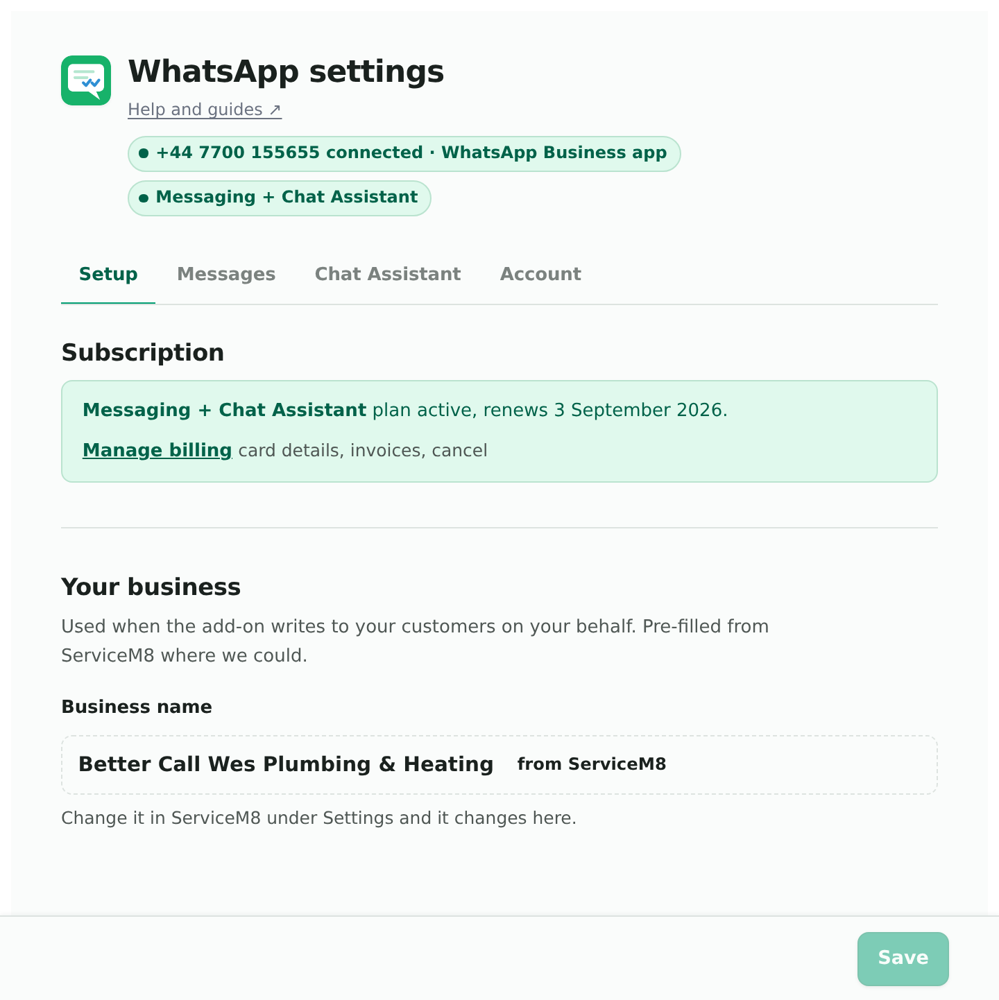 WhatsApp Settings, opened from the add-on menu in ServiceM8. The Setup tab has to be right before anything else works.